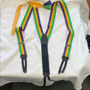 Colorful Mardi Gras Striped Suspenders and Bow Tie Set